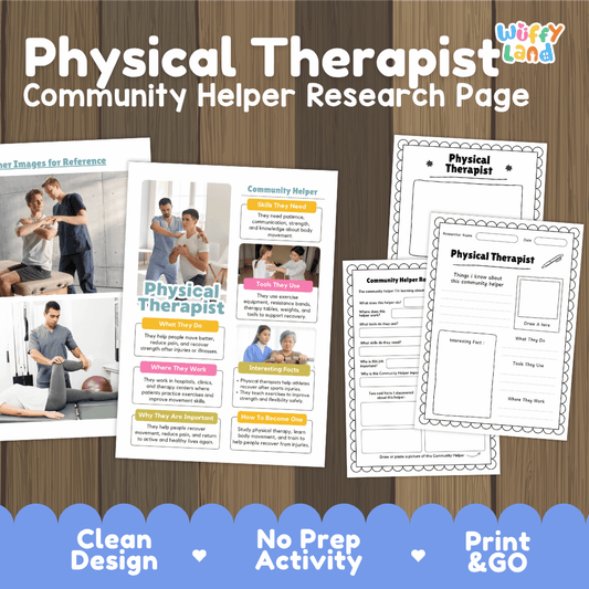 Physical therapist community helper research page writing worksheets pack featuring real photos and student activity pages for elementary social studies