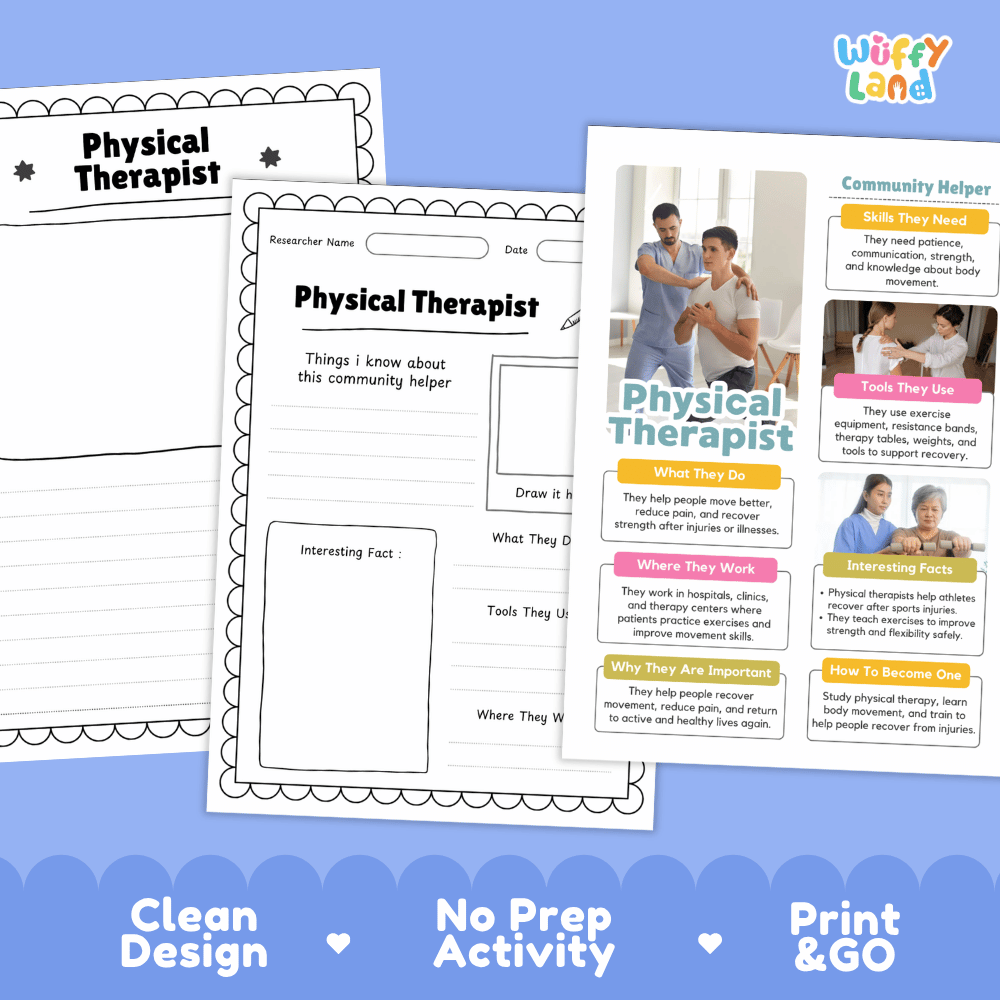 Educational reference poster with real photography showing physical therapist duties, exercise equipment, therapy clinic, and interesting facts
