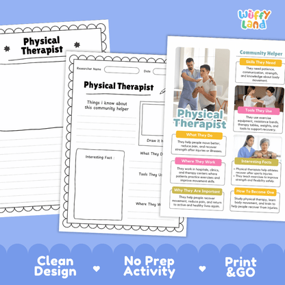Educational reference poster with real photography showing physical therapist duties, exercise equipment, therapy clinic, and interesting facts