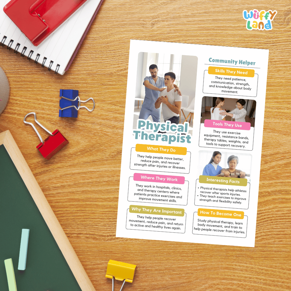 Guided student writing worksheets with lined sections for recording facts and a dedicated box for drawing or pasting a picture of a physical therapist