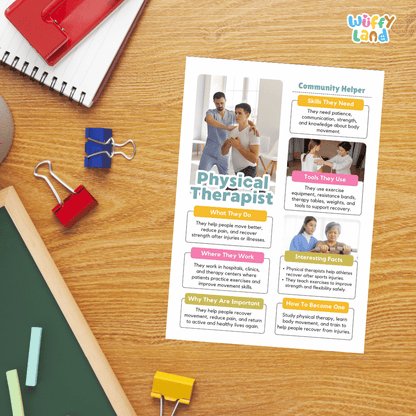Guided student writing worksheets with lined sections for recording facts and a dedicated box for drawing or pasting a picture of a physical therapist