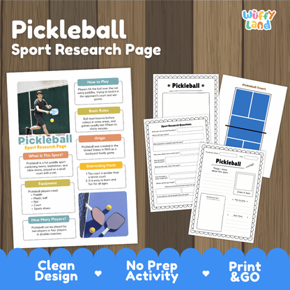 A set of printable pickleball sport research pages and a court template displayed on a wood background, with the title 'Pickleball Sport Research Page' and a 'Wiffi Land' logo. The pages include sections on how to play, rules, origin, equipment, and a pickleball court layout.