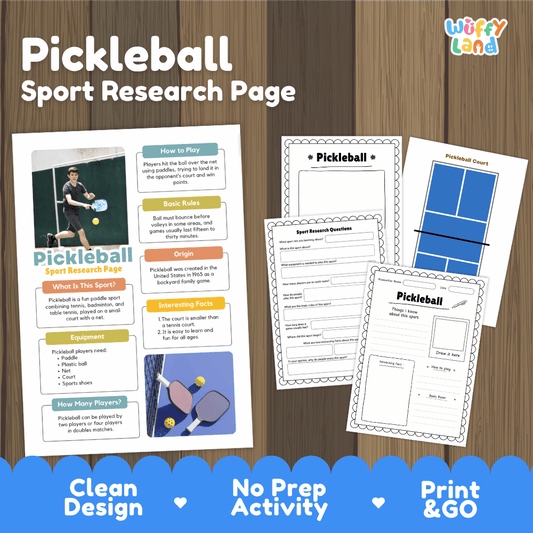 A set of printable pickleball sport research pages and a court template displayed on a wood background, with the title 'Pickleball Sport Research Page' and a 'Wiffi Land' logo. The pages include sections on how to play, rules, origin, equipment, and a pickleball court layout.