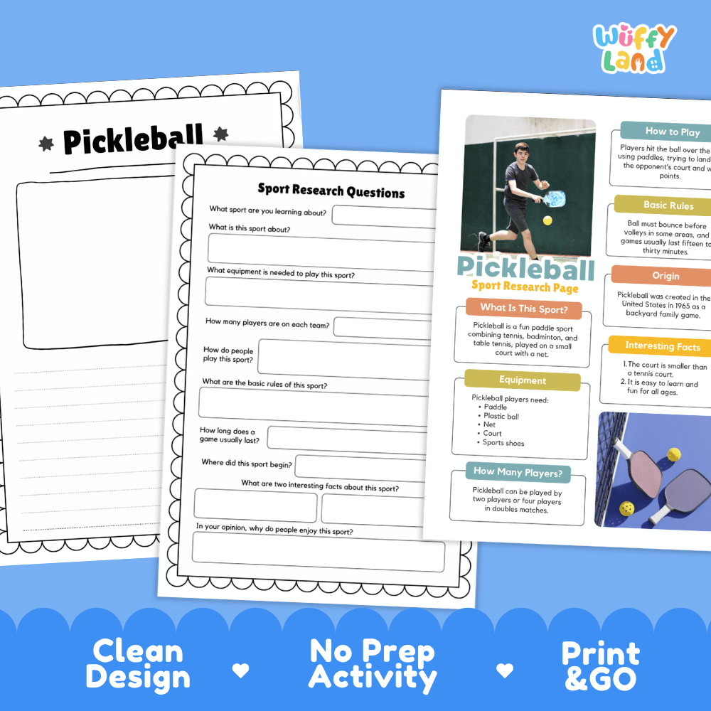 Pickleball Sport Research Project Worksheets and Fact Sheet