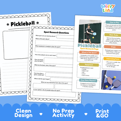 Pickleball Sport Research Project Worksheets and Fact Sheet