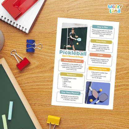 A printed pickleball sport research page laid on a wooden desk, surrounded by school supplies including a red notebook, blue and red binder clips, chalk, and a green clipboard. The page has colorful headings, a small player photo, and text about pickleball rules, equipment, and history.