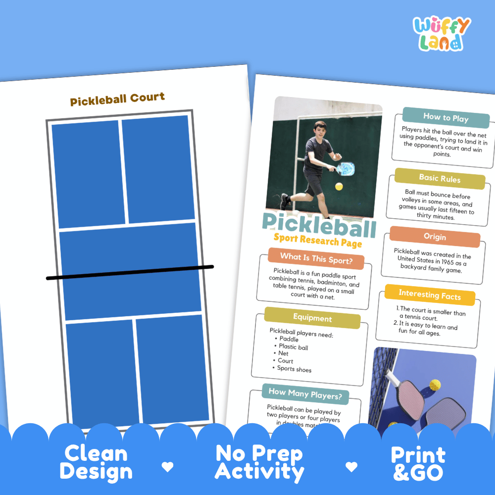 Printable pickleball activity sheet set by Wiffly Land, featuring a printed pickleball court on the left and an informational game guide on the right, displayed on a white background with a blue decorative banner at the bottom.