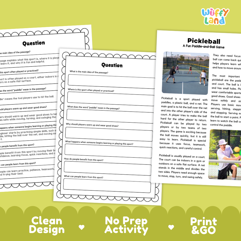 Pickleball Sports Reading Passages and Comprehension Questions Worksheets