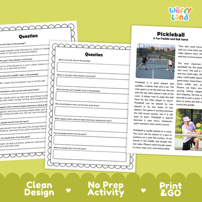 Pickleball Sports Reading Passages and Comprehension Questions Worksheets