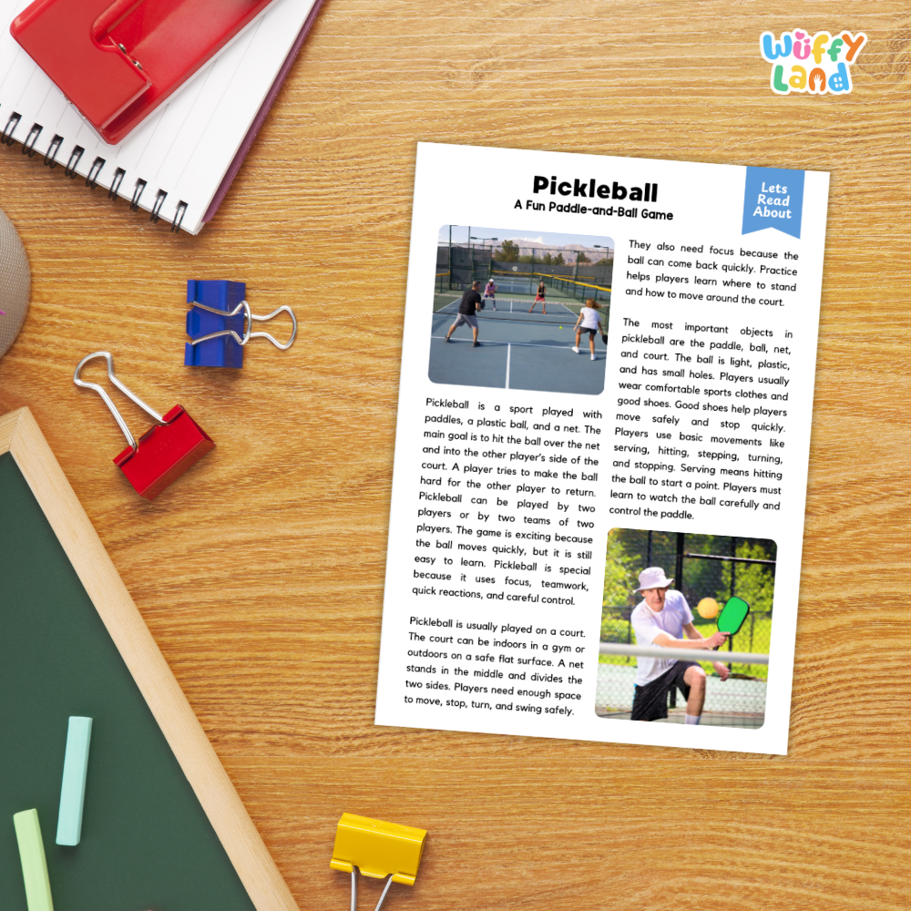 A printed children's activity sheet about pickleball lies on a wooden desk, surrounded by colorful office supplies including a red spiral notebook, blue and red binder clips, and a green pen. The sheet has the title 'Pickleball: A Fun Paddle-and-Ball Game' and includes small photos of people playing.
