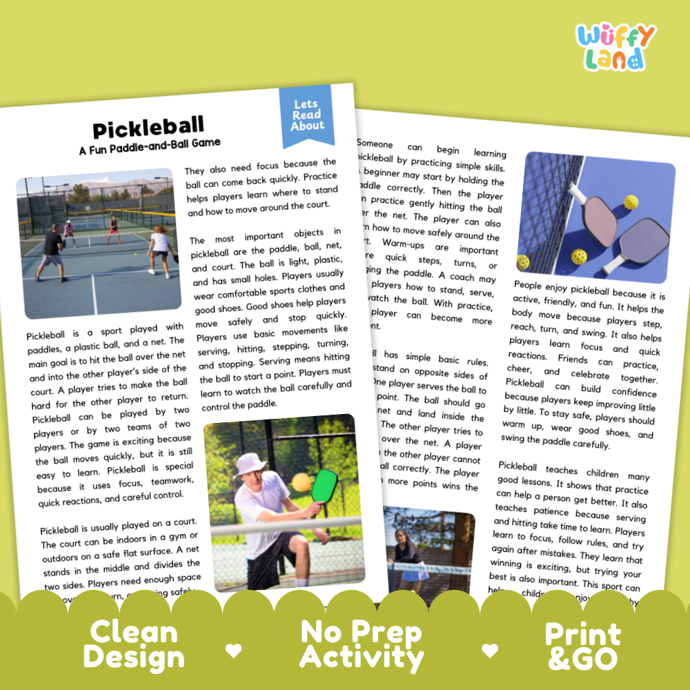Pickleball Sports Reading Passages and Comprehension Questions Worksheets
