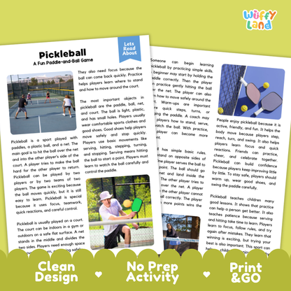Pickleball Sports Reading Passages and Comprehension Questions Worksheets