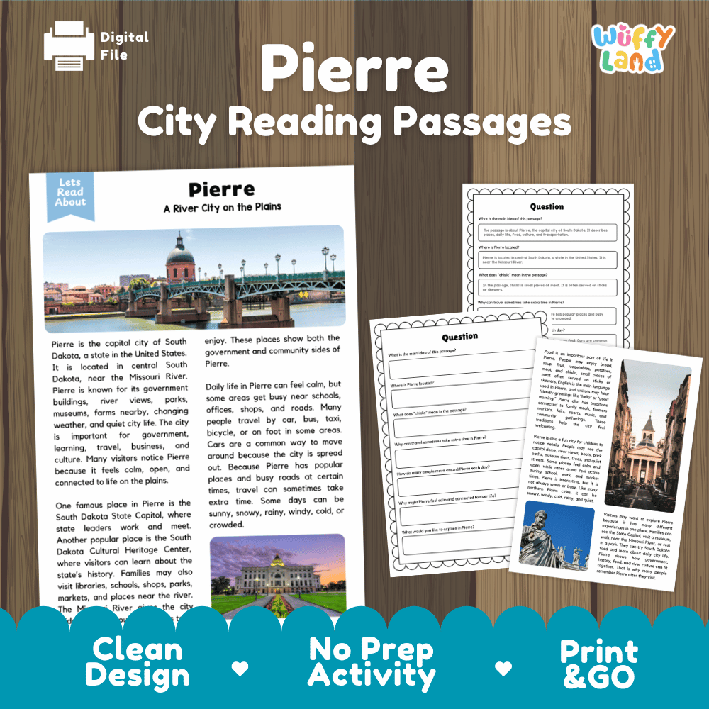 Pierre city reading passages and comprehension worksheet educational unit featuring nonfiction text and authentic Pierre South Dakota capitol and river photography