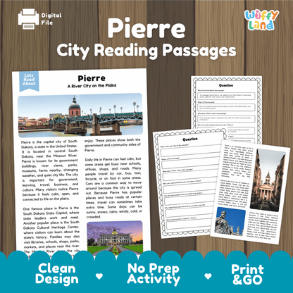 Pierre city reading passages and comprehension worksheet educational unit featuring nonfiction text and authentic Pierre South Dakota capitol and river photography