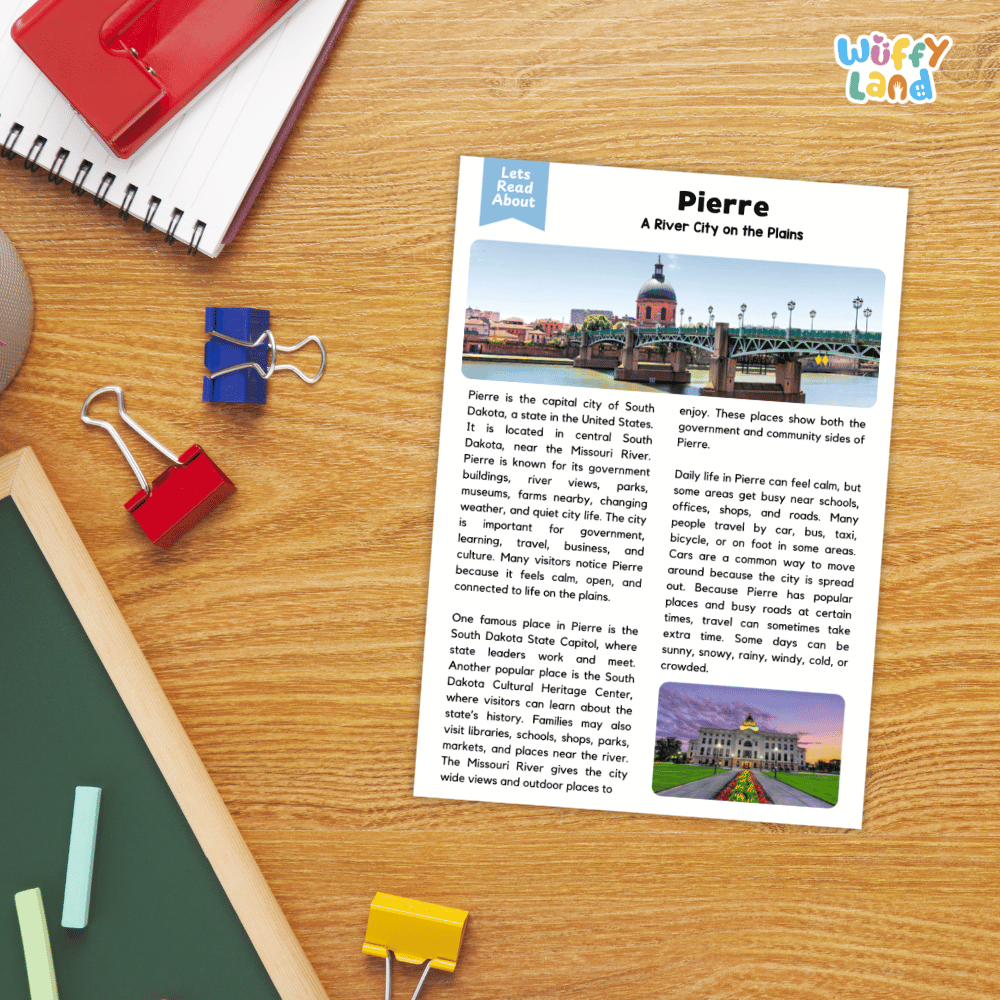 Lined reading comprehension question worksheet covering main ideas vocabulary terms and landmark facts about Pierre South Dakota