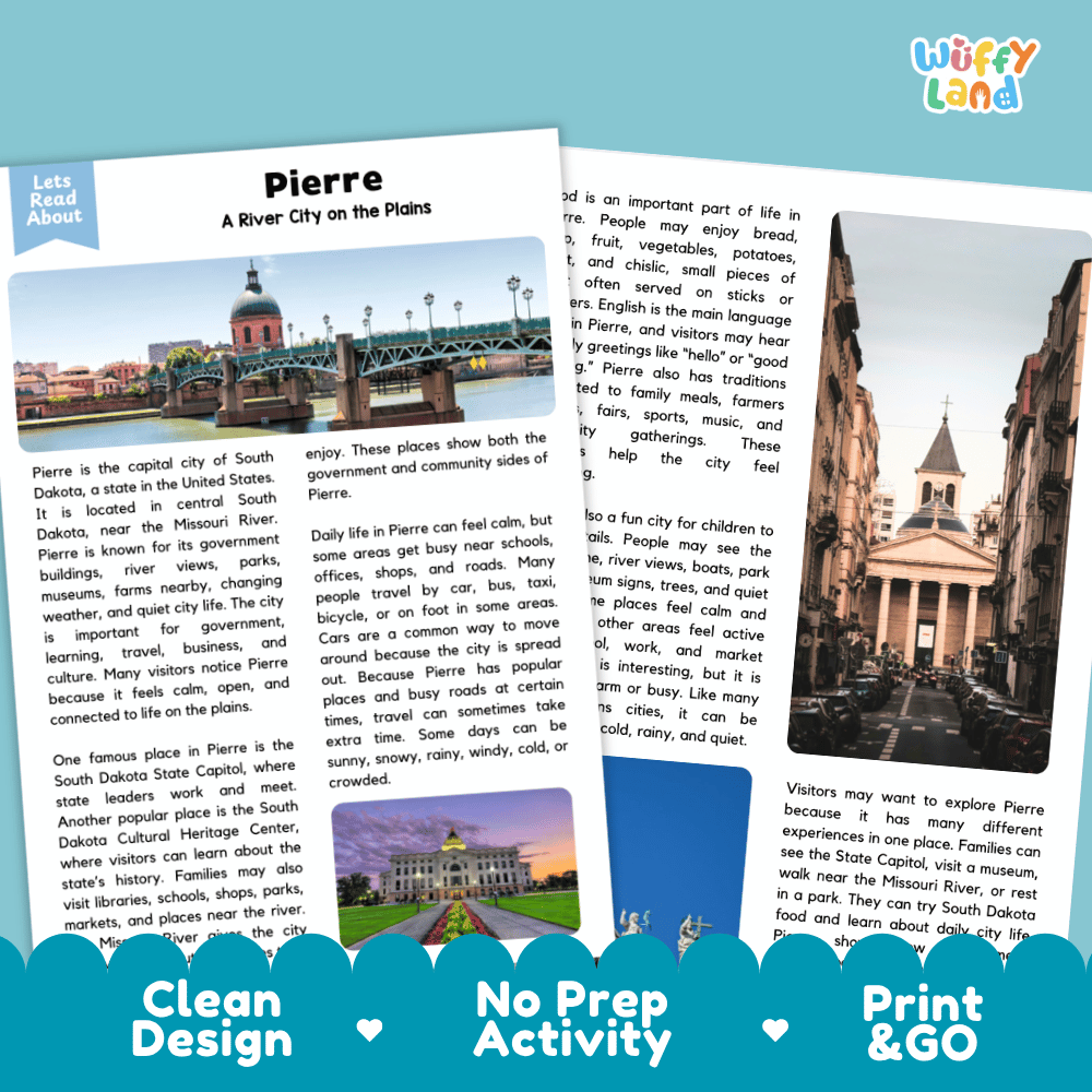Reference sheet and answer key for Pierre landmark reading passage displaying completed comprehension answers and United States geography facts