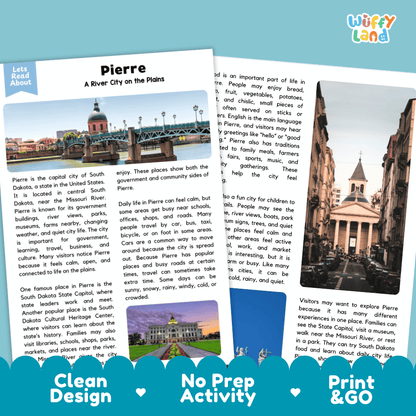 Reference sheet and answer key for Pierre landmark reading passage displaying completed comprehension answers and United States geography facts