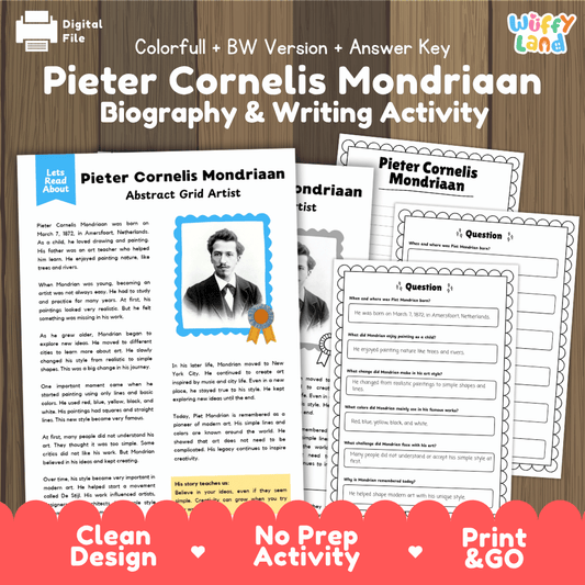 Piet Mondrian biography reading comprehension worksheets with nonfiction passage, comprehension questions, writing activity and answer key for students