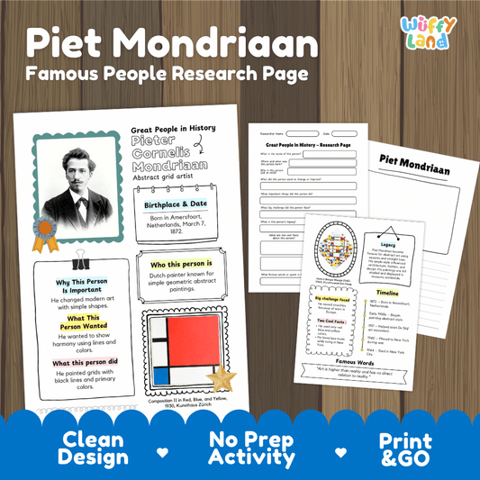 Printable research page activity sheet titled 'Piet Mondriaan Famous People Research Page' on a wood background, with sample worksheet pages and promotional text at the bottom.