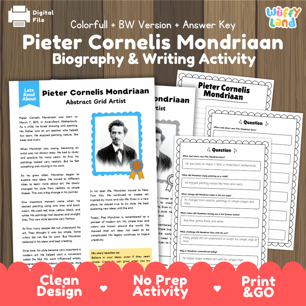 Digital activity worksheet bundle for Pieter Cornelis Mondriaan, featuring a colorful biography page, an abstract grid art worksheet, and writing prompts, displayed on a wood background with a red banner at the bottom.