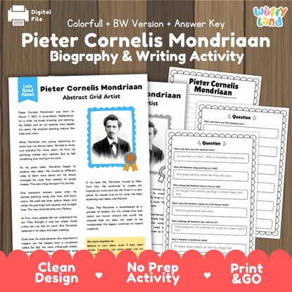 Digital activity worksheet bundle for Pieter Cornelis Mondriaan, featuring a colorful biography page, an abstract grid art worksheet, and writing prompts, displayed on a wood background with a red banner at the bottom.