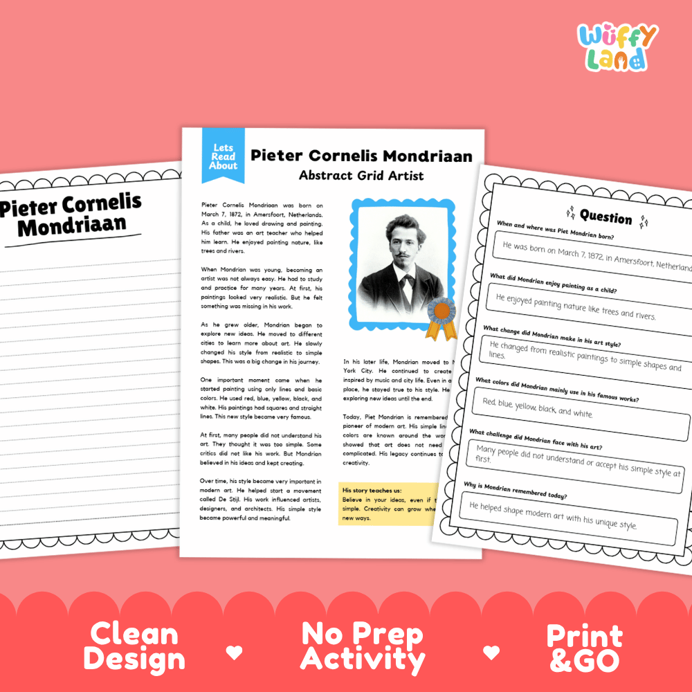 Pieter Cornelis Mondriaan Biography Reading Passage and Writing Activity Worksheets