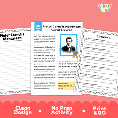 Pieter Cornelis Mondriaan Biography Reading Passage and Writing Activity Worksheets