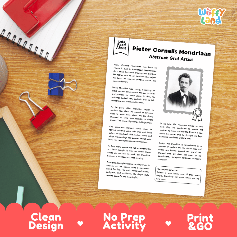 Pieter Cornelis Mondriaan Biography Reading Passage and Writing Activity Worksheets