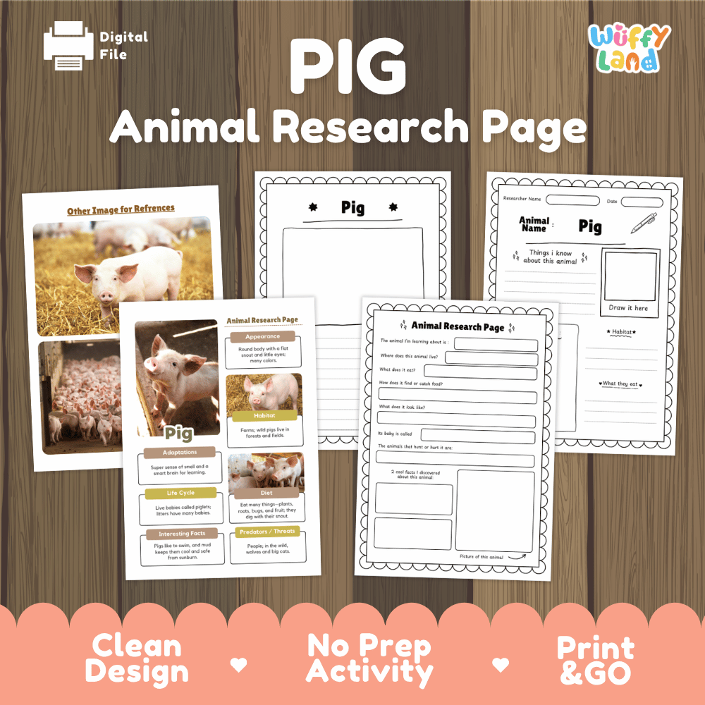 A digital printable activity sheet set titled 'PIG Animal Research Page' shown on a wood background with the brand name 'Wiffy Land'. The image displays several printable worksheet pages and a reference card featuring photos of pigs and text fields for animal research.