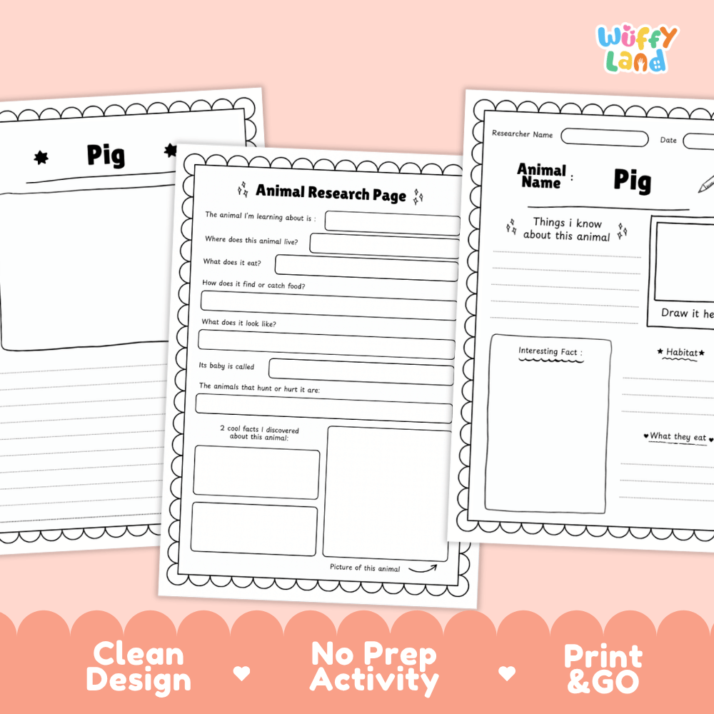 Three printable animal research activity sheets for pigs are displayed on a peach background with promotional text at the bottom. The sheets are black and white with writing areas, labels, and a small Wiffly Land logo in the top right corner.