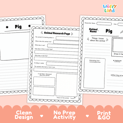 Three printable animal research activity sheets for pigs are displayed on a peach background with promotional text at the bottom. The sheets are black and white with writing areas, labels, and a small Wiffly Land logo in the top right corner.