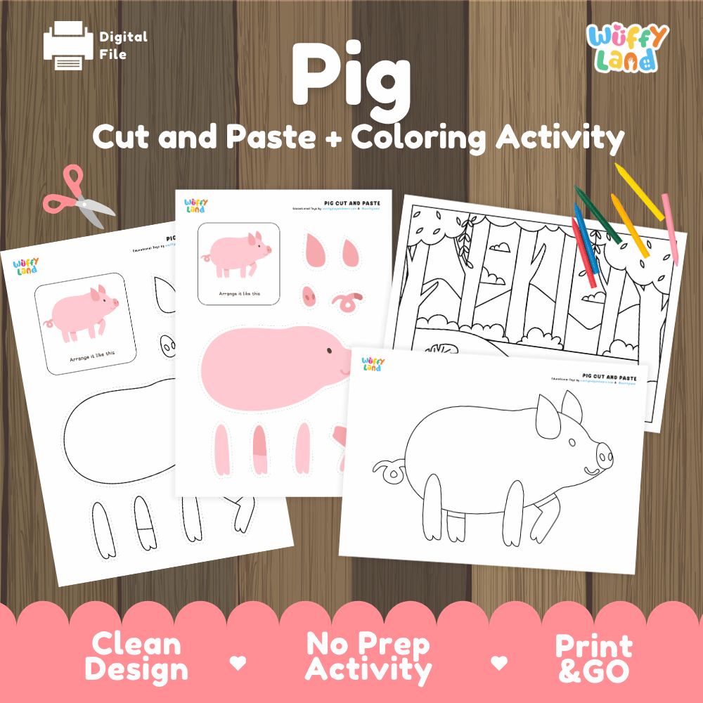 Pig Cut and Paste Craft and Coloring Activity Worksheets