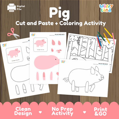 Pig Cut and Paste Craft and Coloring Activity Worksheets