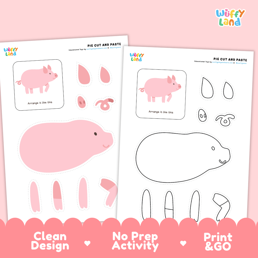 Pig Cut and Paste Craft and Coloring Activity Worksheets