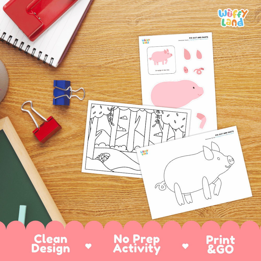 Pig Cut and Paste Craft and Coloring Activity Worksheets