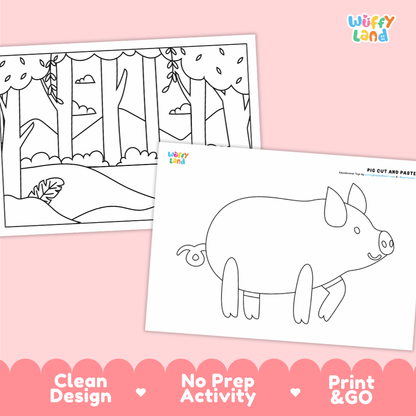 Pig Cut and Paste Craft and Coloring Activity Worksheets