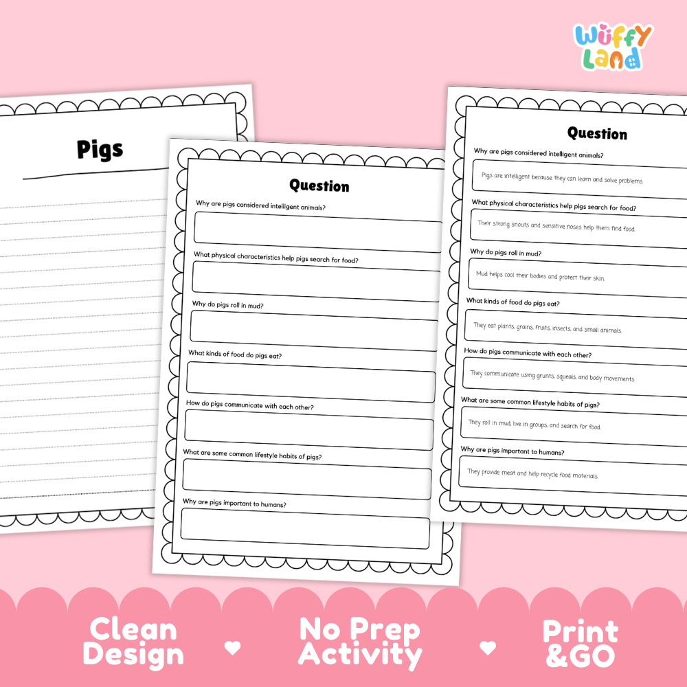 Three printable activity sheets for a pig-themed educational worksheet set, displayed on a pink background with promotional text at the bottom. The sheets feature black text boxes with writing prompts on white paper with decorative scalloped borders.