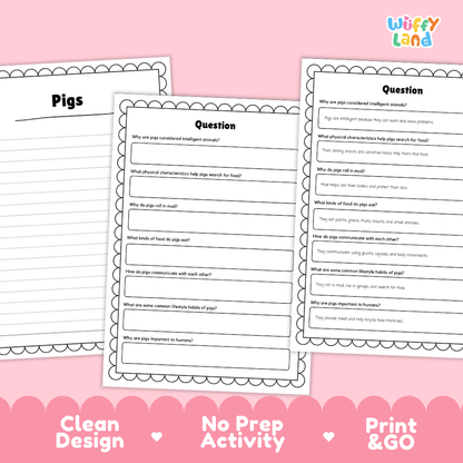 Three printable activity sheets for a pig-themed educational worksheet set, displayed on a pink background with promotional text at the bottom. The sheets feature black text boxes with writing prompts on white paper with decorative scalloped borders.