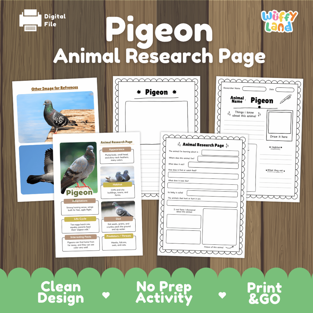 A digital printable activity sheet set titled 'Pigeon Animal Research Page' by Wiffy Land, displayed on a wood-grain background. The set includes both filled-out sample pages and outlines of various worksheet pages about pigeons, with images of pigeons and text fields.
