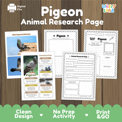 A digital printable activity sheet set titled 'Pigeon Animal Research Page' by Wiffy Land, displayed on a wood-grain background. The set includes both filled-out sample pages and outlines of various worksheet pages about pigeons, with images of pigeons and text fields.