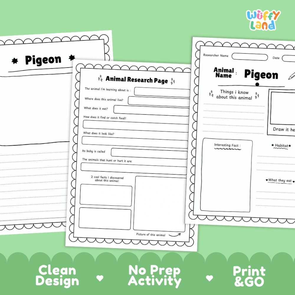 Three printable animal journal pages for a pigeon are shown on a light green background with promotional text at the bottom. The pages include writing sections, fact boxes, and a drawing area, branded with 'Wiffy Land'.