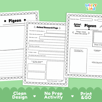Three printable animal journal pages for a pigeon are shown on a light green background with promotional text at the bottom. The pages include writing sections, fact boxes, and a drawing area, branded with 'Wiffy Land'.