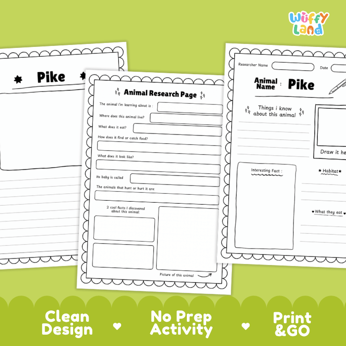 Pike Animal Research Worksheets and Informational Fact Sheets