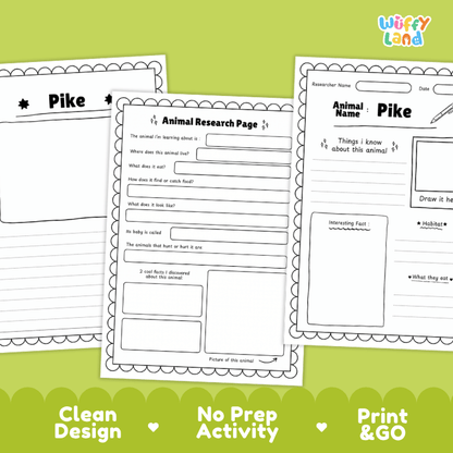 Pike Animal Research Worksheets and Informational Fact Sheets