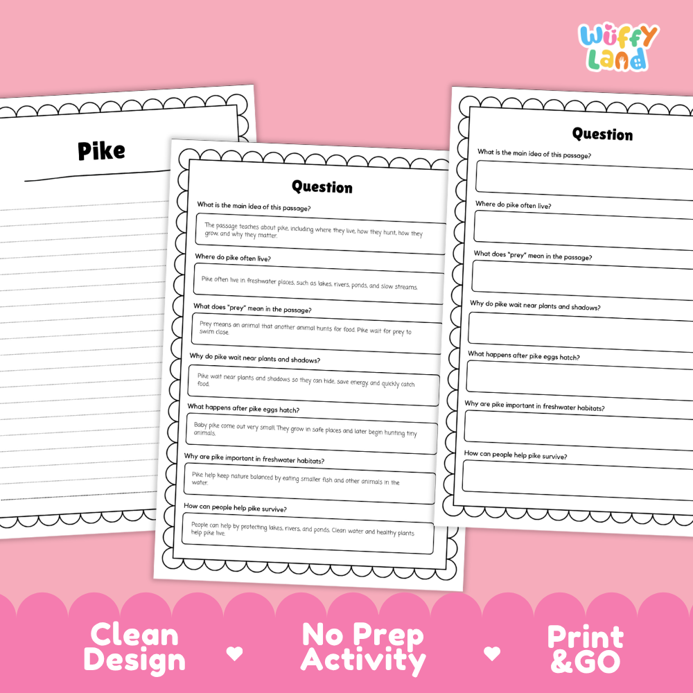 Pike Reading Passage and Comprehension Questions with Answer Key