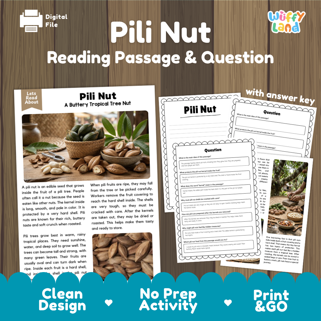 Pili Nut reading comprehension passage and questions printable activity pack with answer key for elementary students