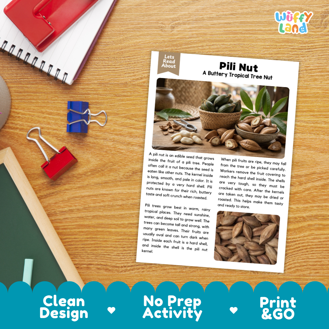 Student reading comprehension worksheet with short-answer questions and lined sections about the pili nut