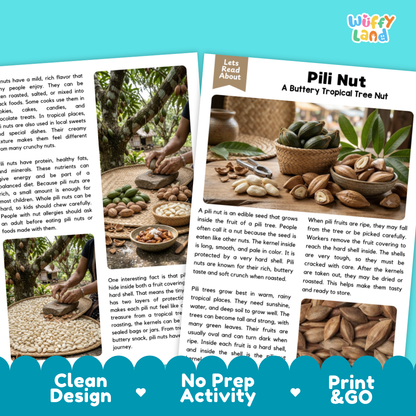 Teacher answer key page showing complete question solutions for Pili Nut nature and science reading comprehension practice