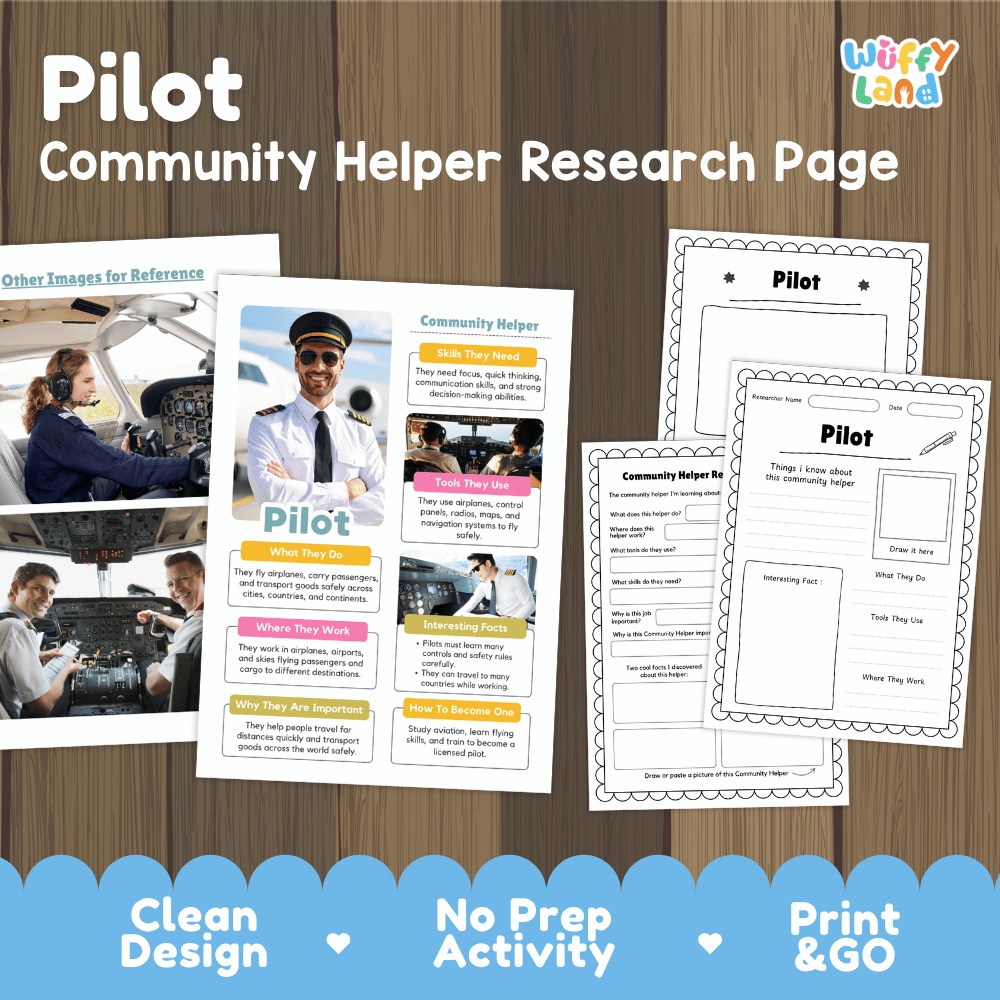 Airplane pilot community helper research page writing worksheets pack featuring real photos and student activity pages for elementary social studies
