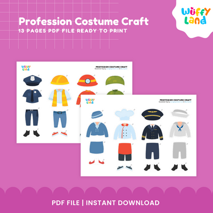 Printable paper doll craft details showing a navy pilot suit cutout paired with doctor and nurse informational cards ✈️👩‍⚕️